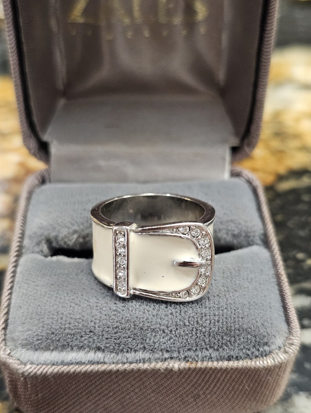 Women's Silver-Tone White Enamel Buckle Ring with Crystal Accents ~ Size 5.5